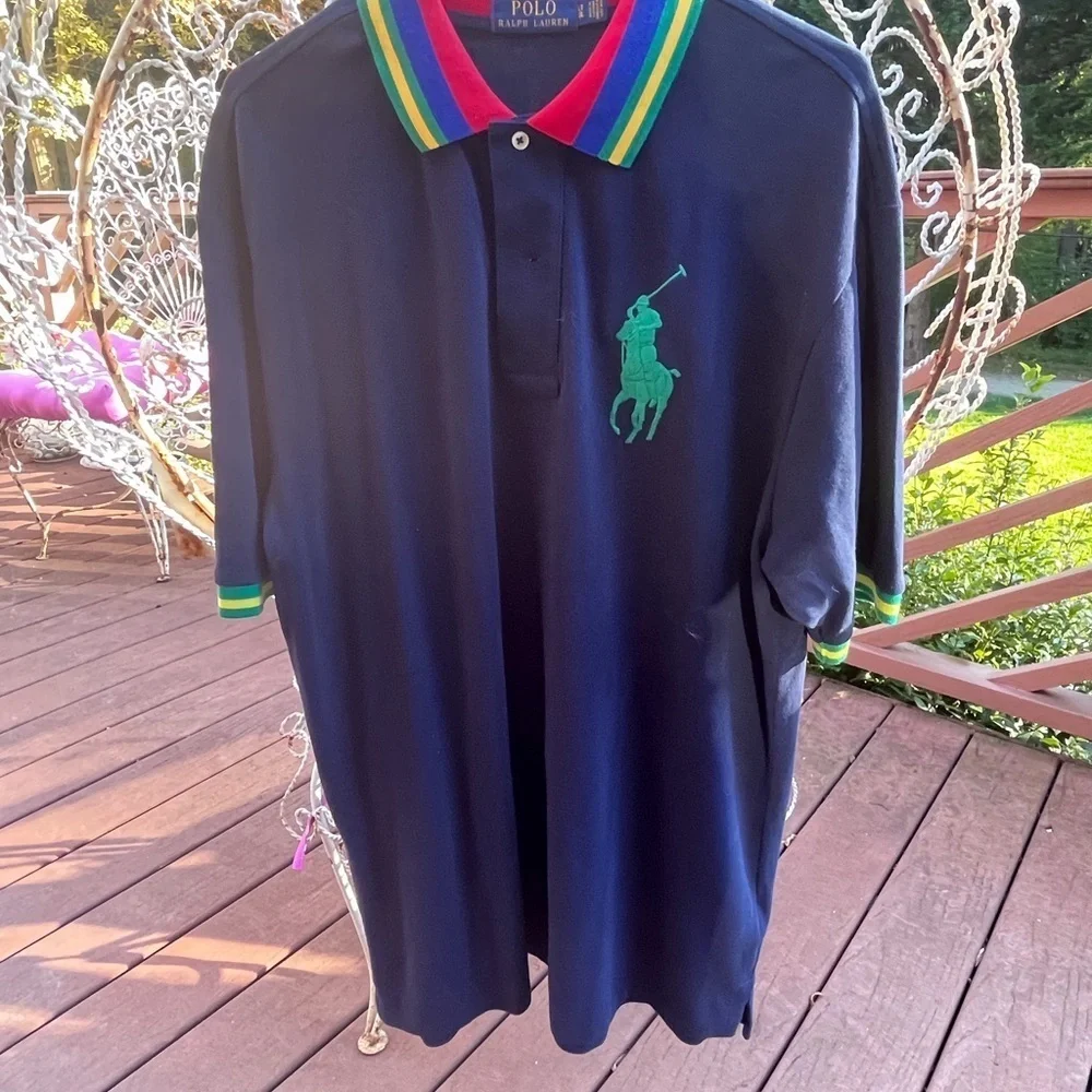 Polo Ralph Lauren navy blue big green pony rainbow collar rugby shirt red yellow